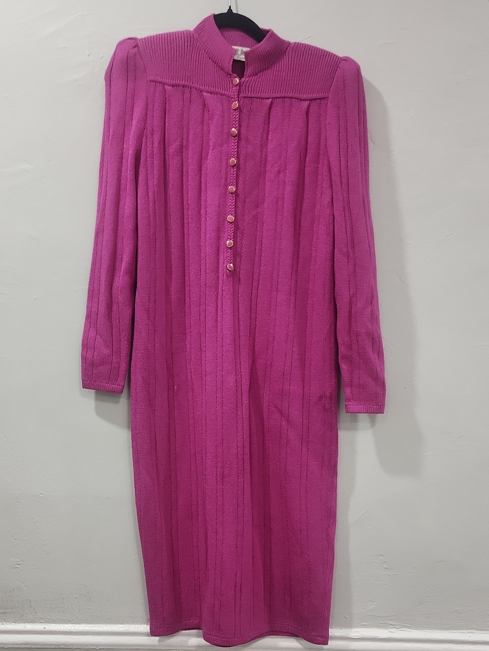 St. John Fuchsia Ribbed Long-Sleeve Midi Dress